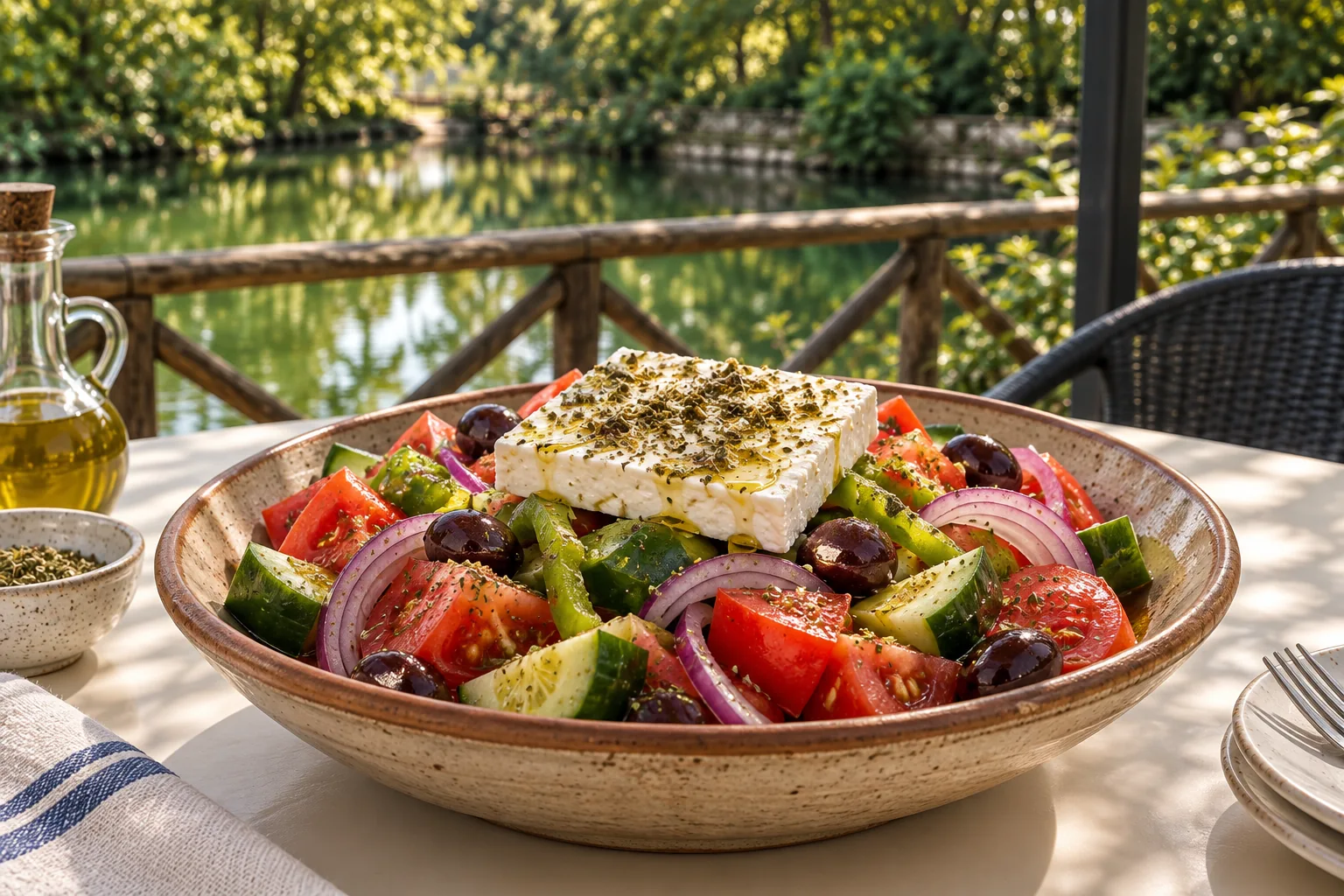 Μεγάλη χωριάτικη σαλάτα με ντομάτα, αγγούρι, ελιές και φέτα
