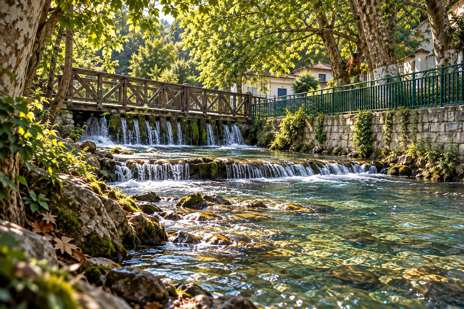 Ρηχό ρέμα με δύο μικρά σκαλοπάτια νερού και ξύλινη γέφυρα στον Άι Γιάννη Σερρών
